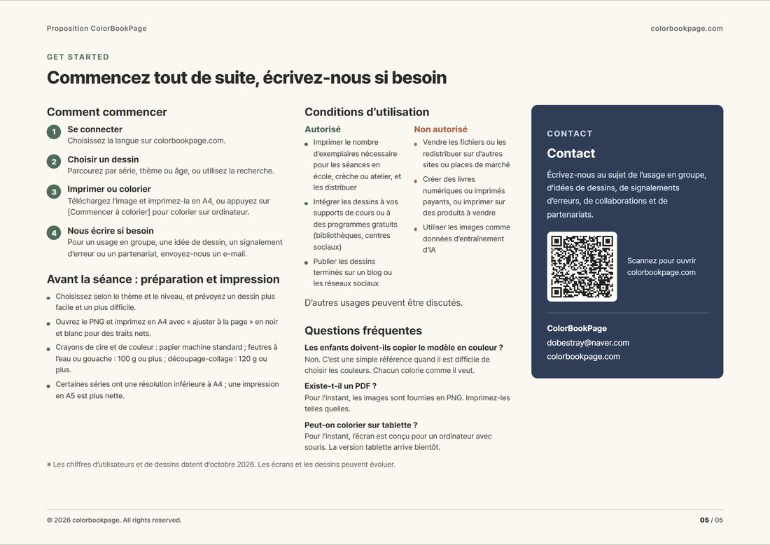 Proposition, page 5 : démarrer et contact